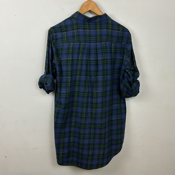 J. Crew Style Navy Blue & Dark Green Gold thread Plaid Popover Tunic Shirt Sz S - Picture 4 of 8